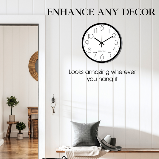 Room Tide Silent Wall Clock, Quartz Movement, Easy to Read for Kitchen, Living Room, Home Office, School - Black & White 30cm