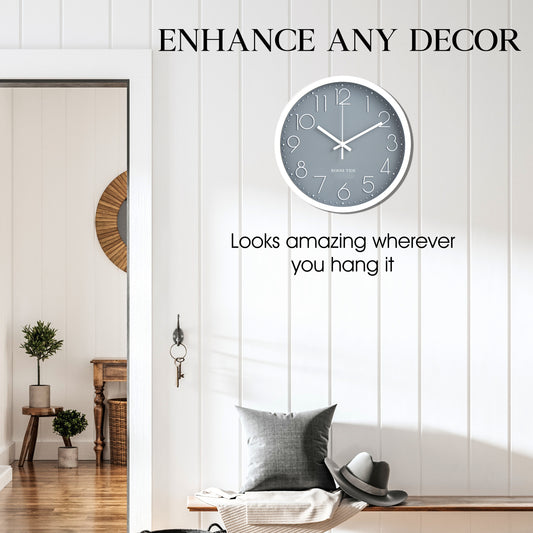Room Tide Silent Wall Clock, Quartz Movement, Easy to Read for Kitchen, Living Room, Home Office, School - Grey 30cm