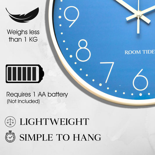 Room Tide Silent Wall Clock, Quartz Movement, Easy to Read for Kitchen, Living Room, Home Office, School - Aegean Blue 30cm
