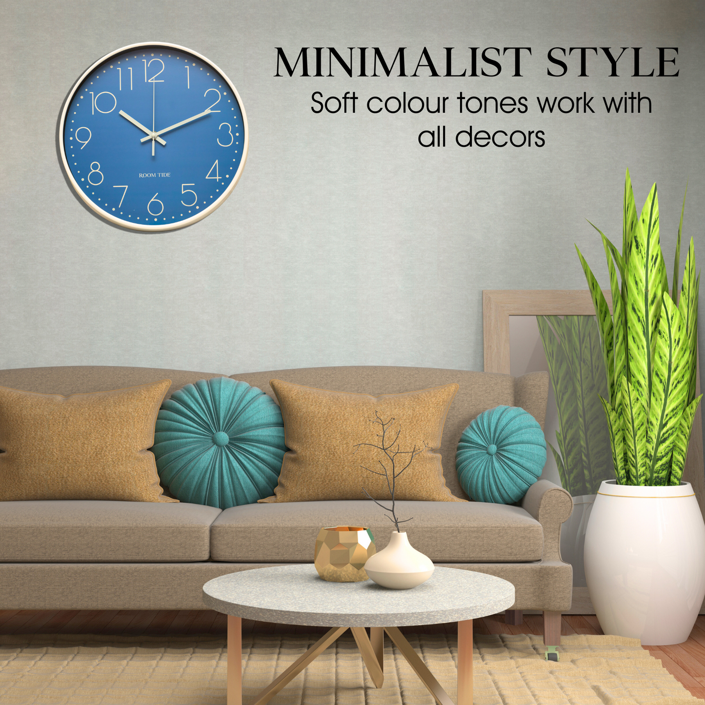 Room Tide Silent Wall Clock, Quartz Movement, Easy to Read for Kitchen, Living Room, Home Office, School - Aegean Blue 30cm