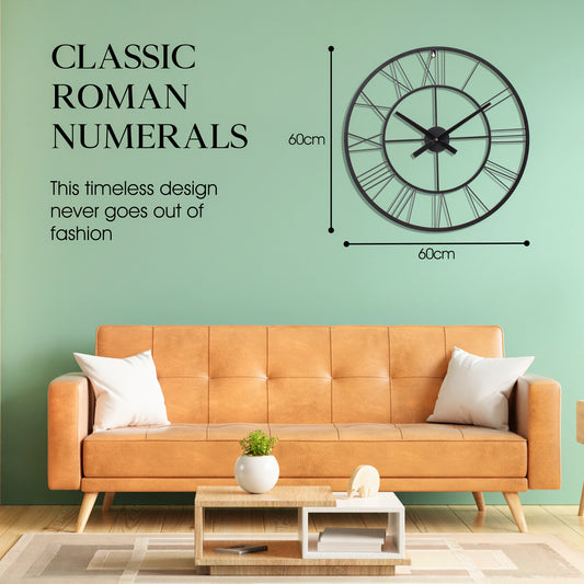 Large Wall Clock, Roman Numerals, Silent Wall Clocks for Living Room Decor, Easy to Read Kitchen Clock, Black Wall Clock, 60cm