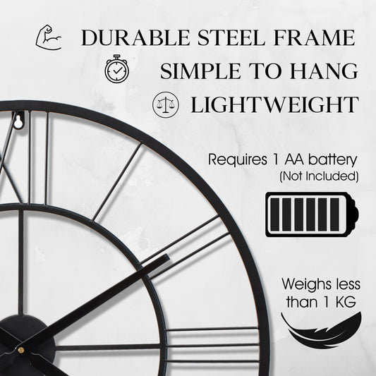 Large Wall Clock, Silent Wall Clocks for Living Room Decor, Black Clock, Easy to Read Kitchen Clock, Bedroom Decor, Indoor Or Outdoor Clock, 45cm