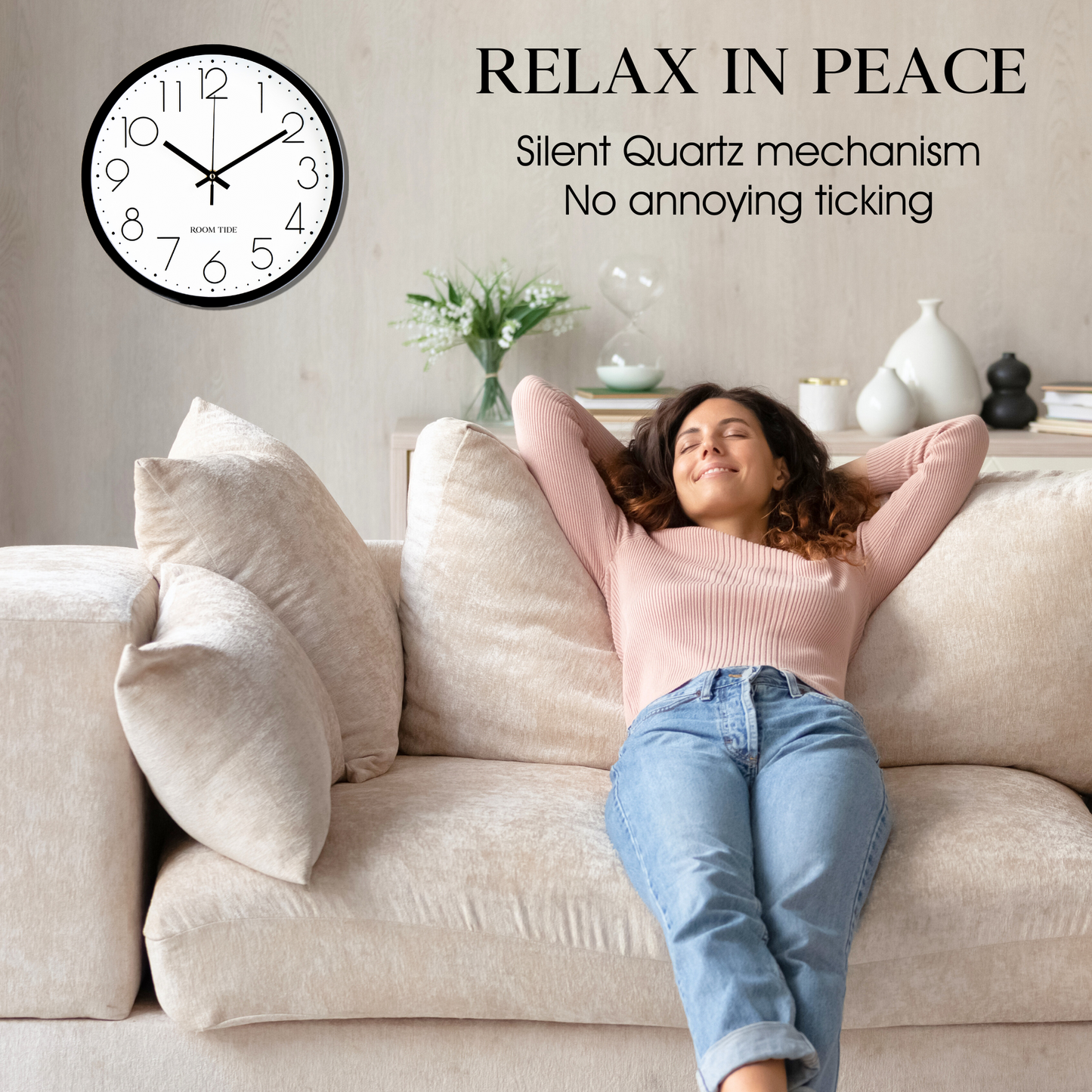 Room Tide Silent Wall Clock, Quartz Movement, Easy to Read for Kitchen, Living Room, Home Office, School - Black & White 30cm