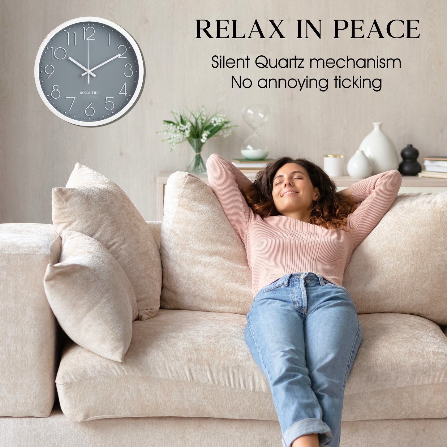 Room Tide Silent Wall Clock, Quartz Movement, Easy to Read for Kitchen, Living Room, Home Office, School - Grey 30cm