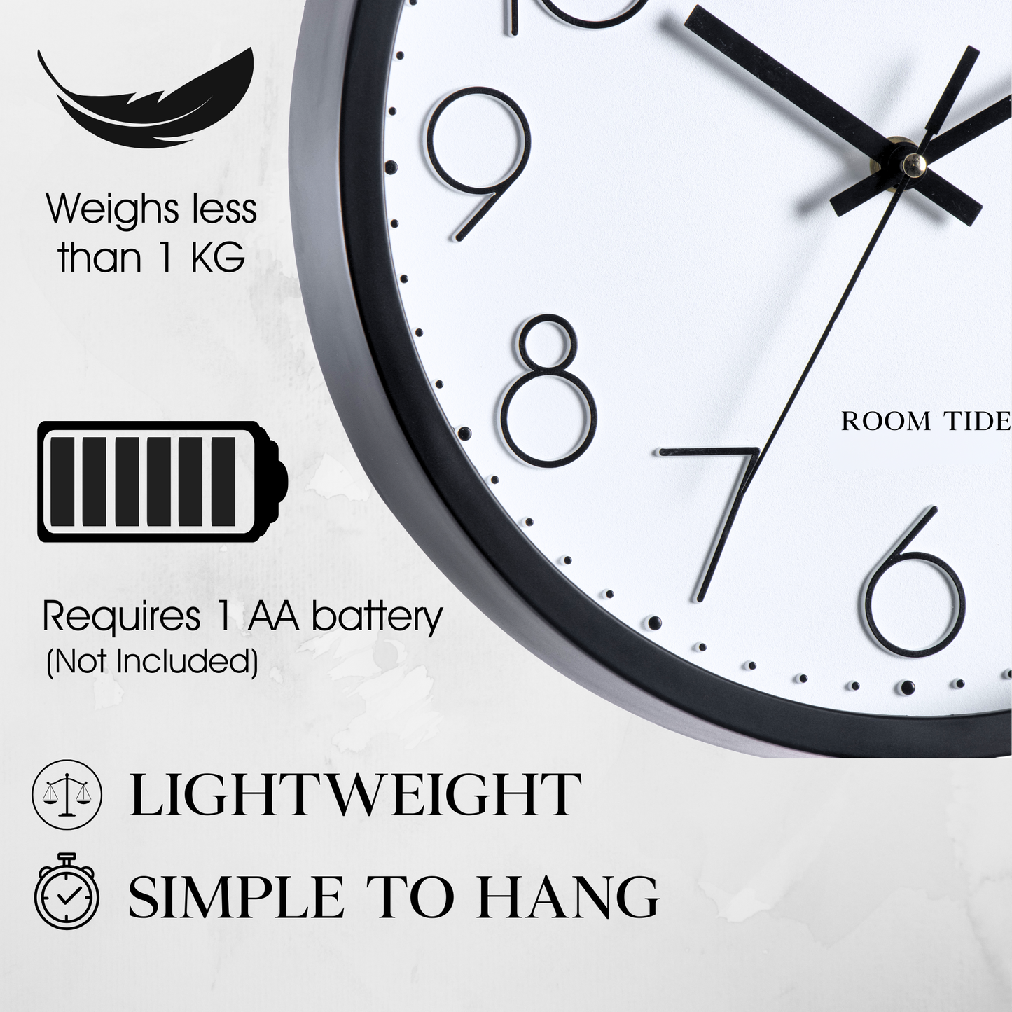 Room Tide Silent Wall Clock, Quartz Movement, Easy to Read for Kitchen, Living Room, Home Office, School - Black & White 30cm