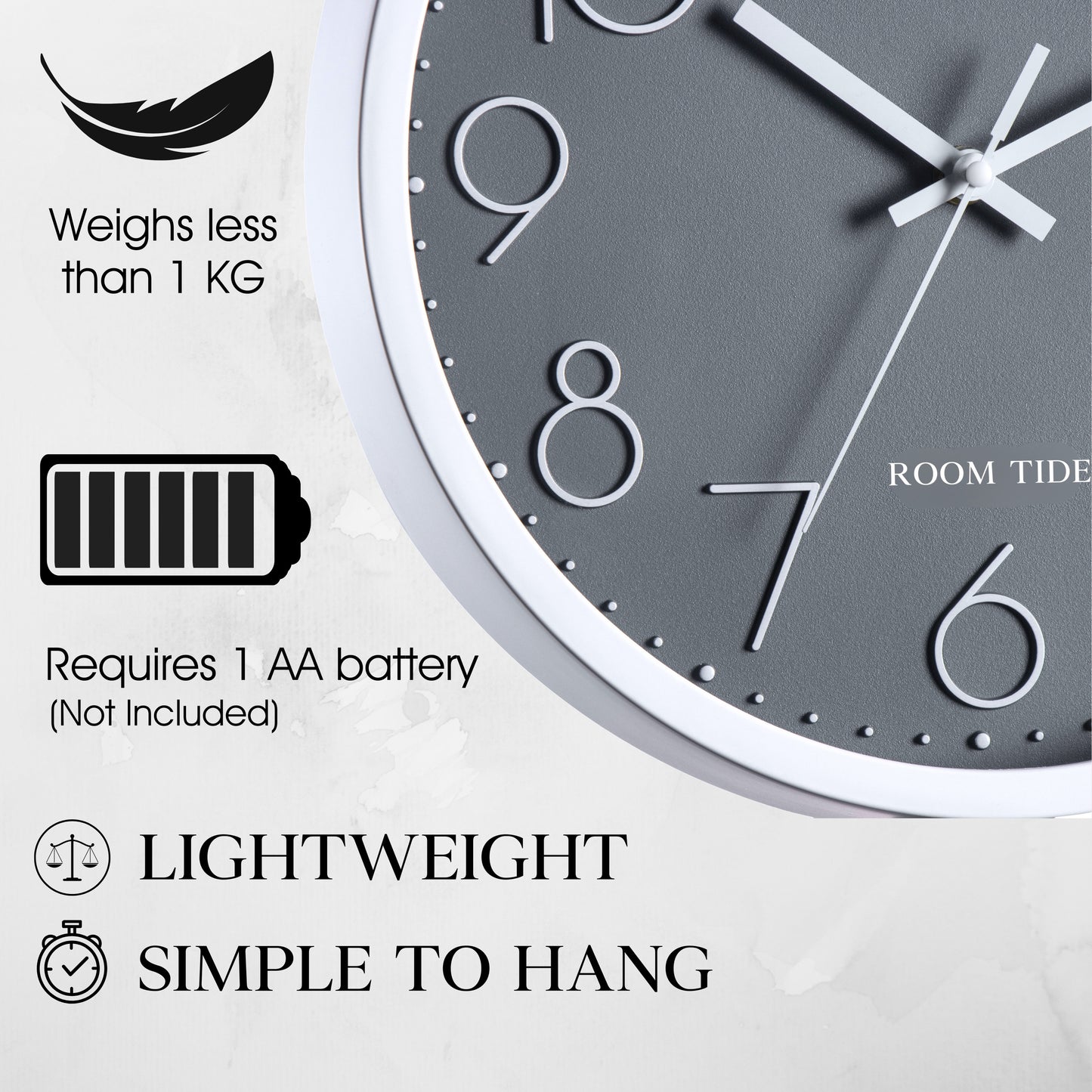 Room Tide Silent Wall Clock, Quartz Movement, Easy to Read for Kitchen, Living Room, Home Office, School - Grey 30cm