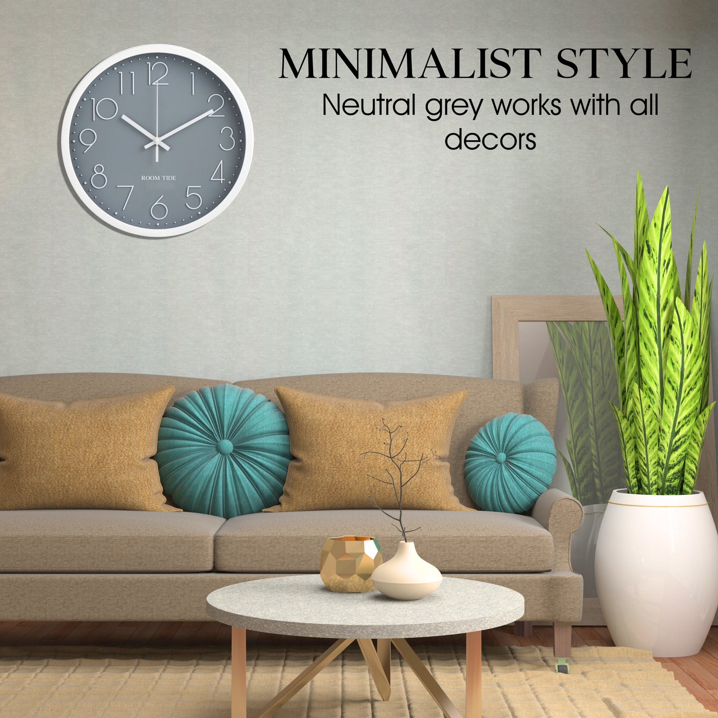 Room Tide Silent Wall Clock, Quartz Movement, Easy to Read for Kitchen, Living Room, Home Office, School - Grey 30cm