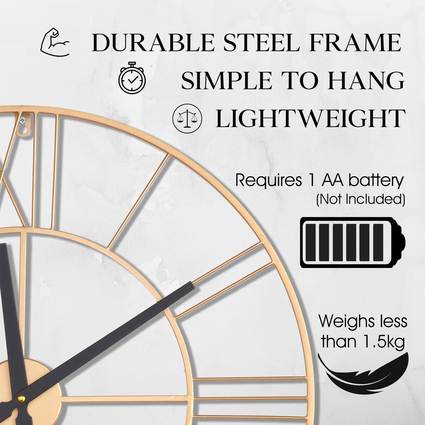 Large Wall Clock, Roman Numerals, Silent Wall Clocks for Living Room Decor, Easy to Read Kitchen Clock, Gold Wall Clock, 60cm