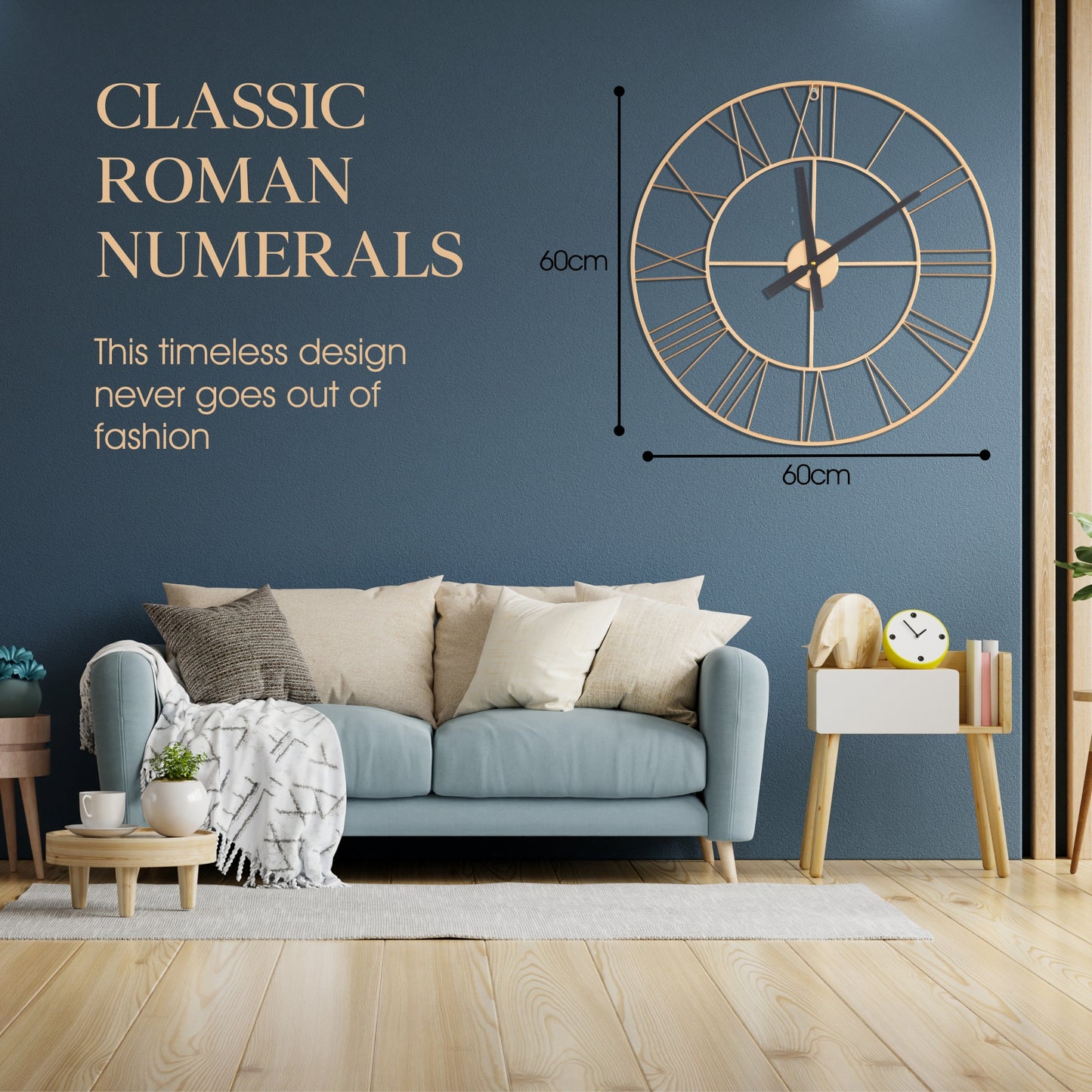 Large Wall Clock, Roman Numerals, Silent Wall Clocks for Living Room Decor, Easy to Read Kitchen Clock, Gold Wall Clock, 60cm