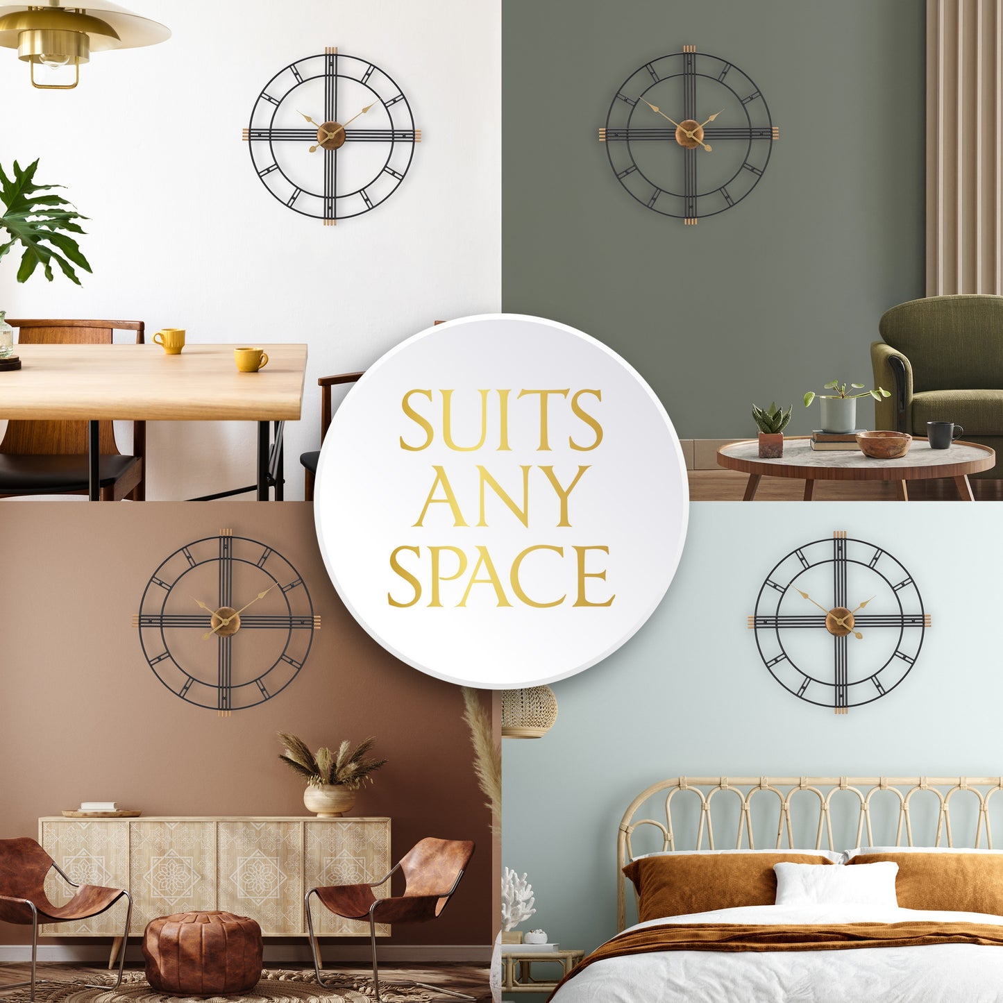 Room Tide, Large Wall Clock, Silent Wall Clocks for Living Room Decor, Kitchen Clock, Modern Decorative Wall Clock, Black & Gold Wall Clock, 45cm
