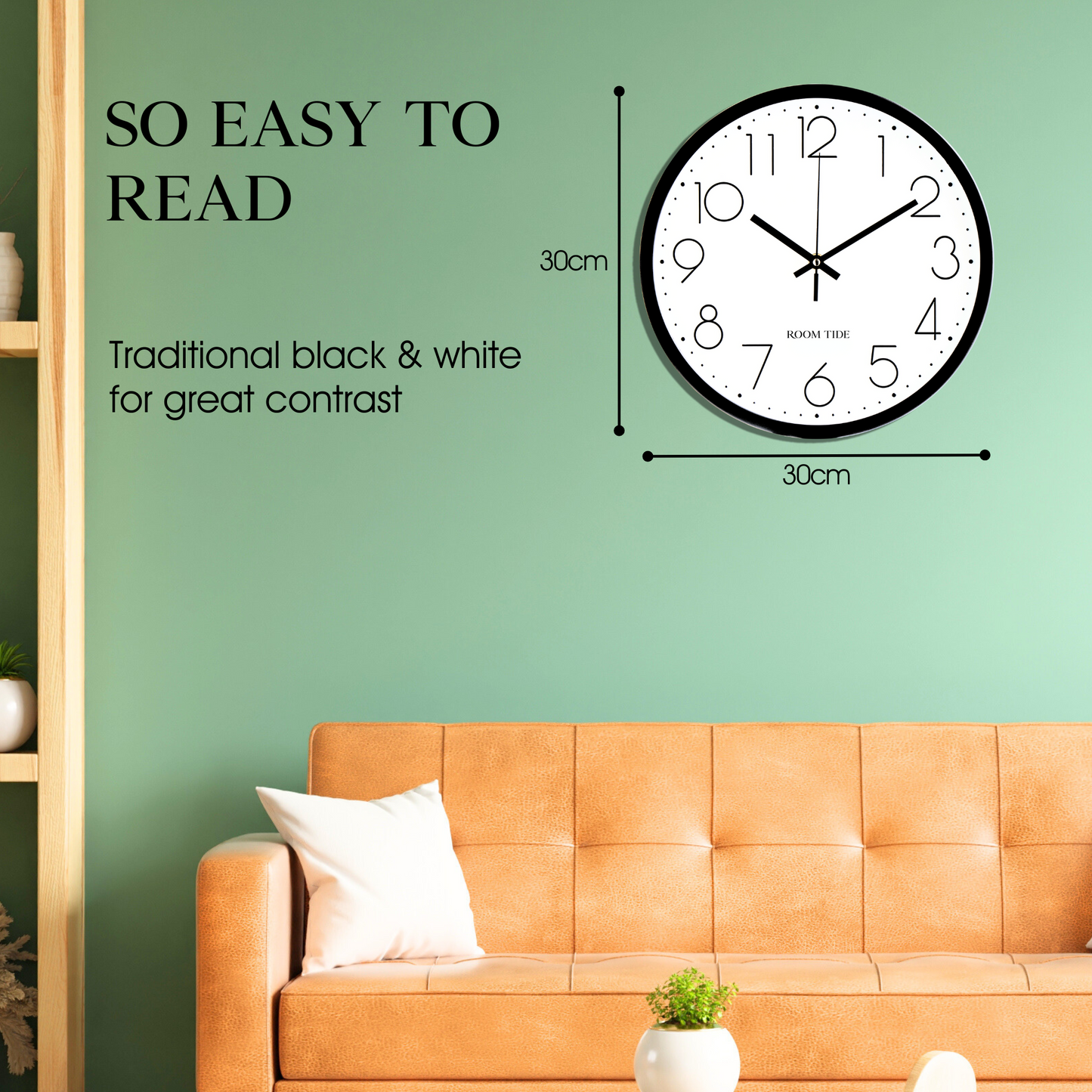 Room Tide Silent Wall Clock, Quartz Movement, Easy to Read for Kitchen, Living Room, Home Office, School - Black & White 30cm