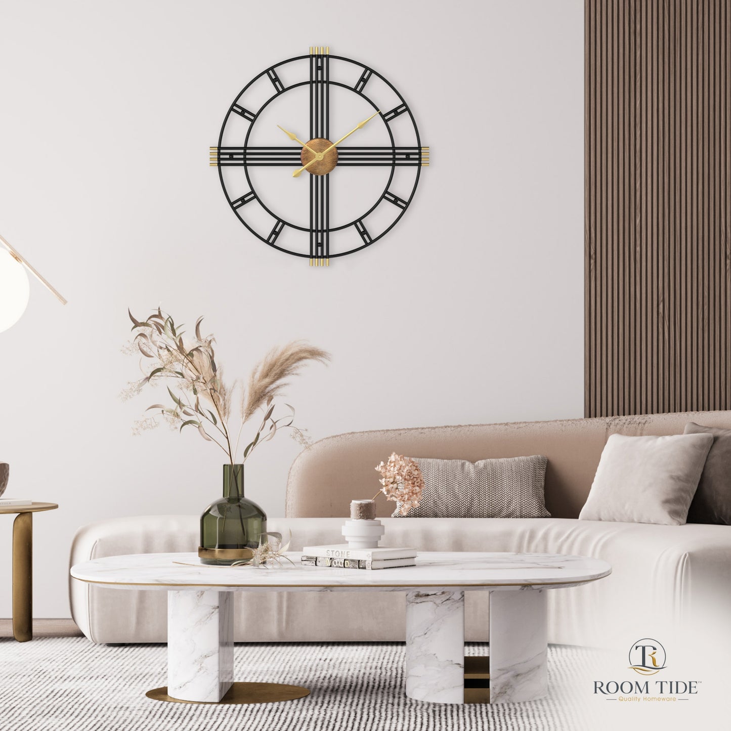 Room Tide, Large Wall Clock, Silent Wall Clocks for Living Room Decor, Kitchen Clock, Modern Decorative Wall Clock, Black & Gold Wall Clock, 45cm