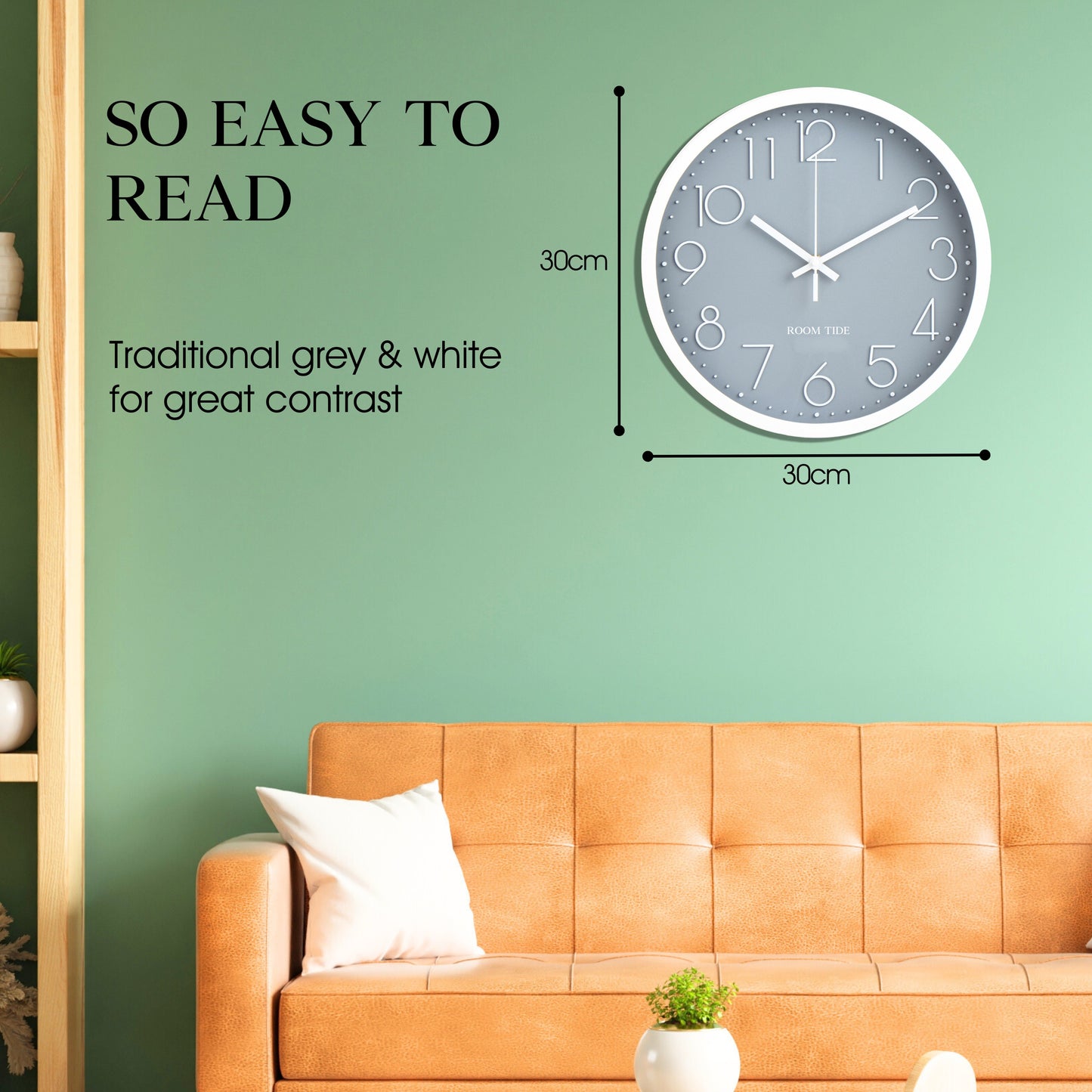 Room Tide Silent Wall Clock, Quartz Movement, Easy to Read for Kitchen, Living Room, Home Office, School - Grey 30cm