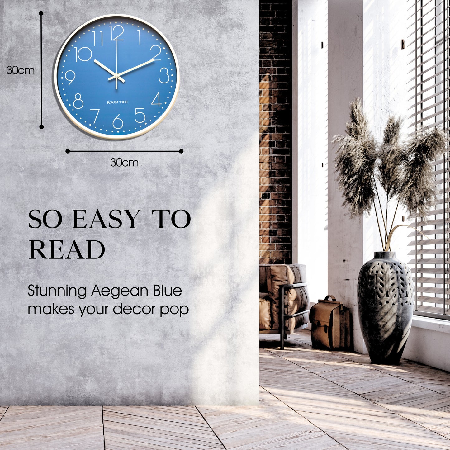 Room Tide Silent Wall Clock, Quartz Movement, Easy to Read for Kitchen, Living Room, Home Office, School - Aegean Blue 30cm