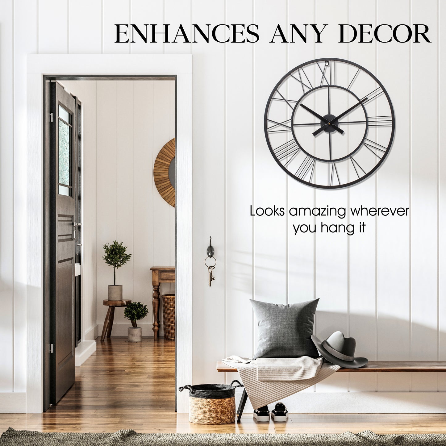 Large Wall Clock, Roman Numerals, Silent Wall Clocks for Living Room Decor, Easy to Read Kitchen Clock, Black Wall Clock, 60cm