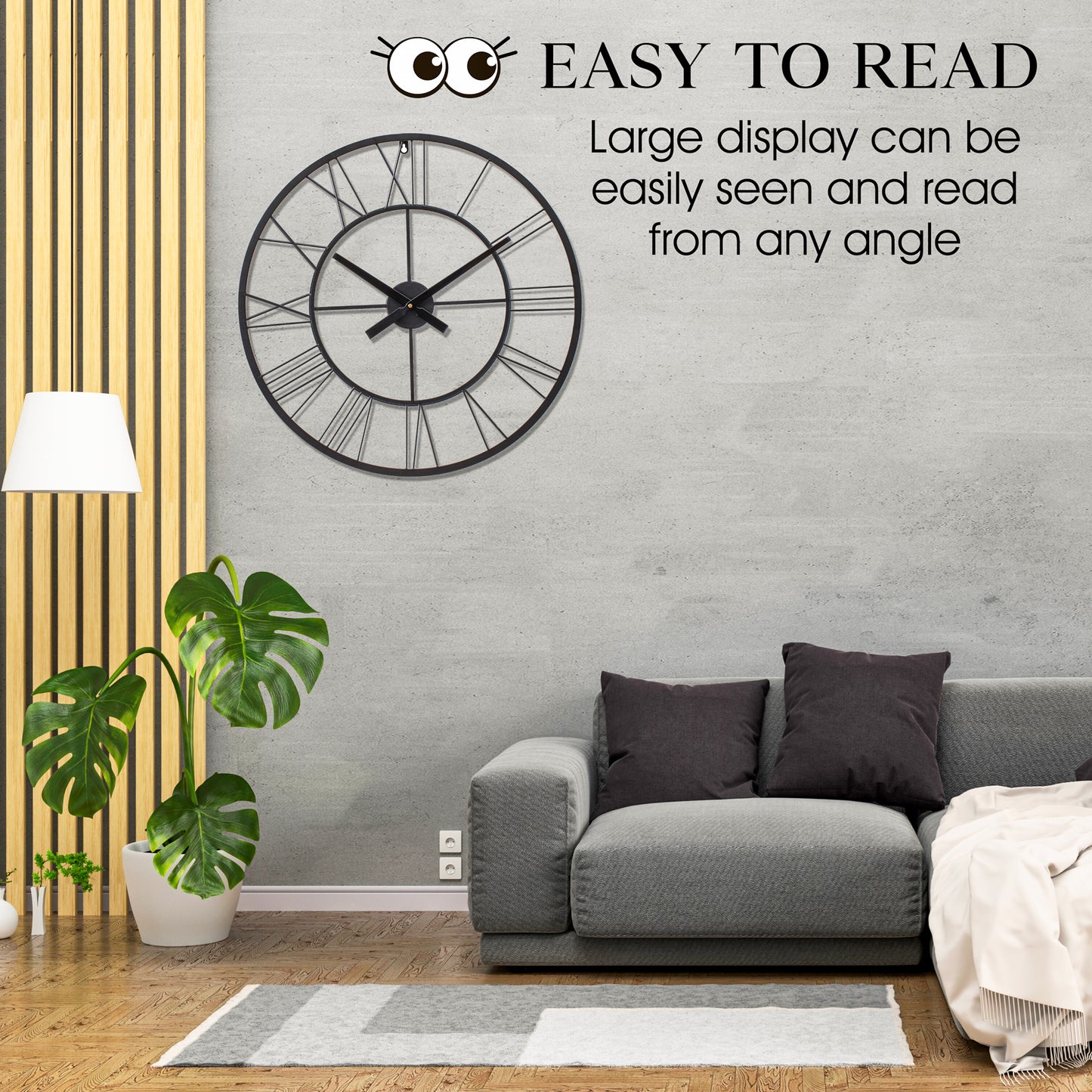 Large Wall Clock, Roman Numerals, Silent Wall Clocks for Living Room Decor, Easy to Read Kitchen Clock, Black Wall Clock, 60cm
