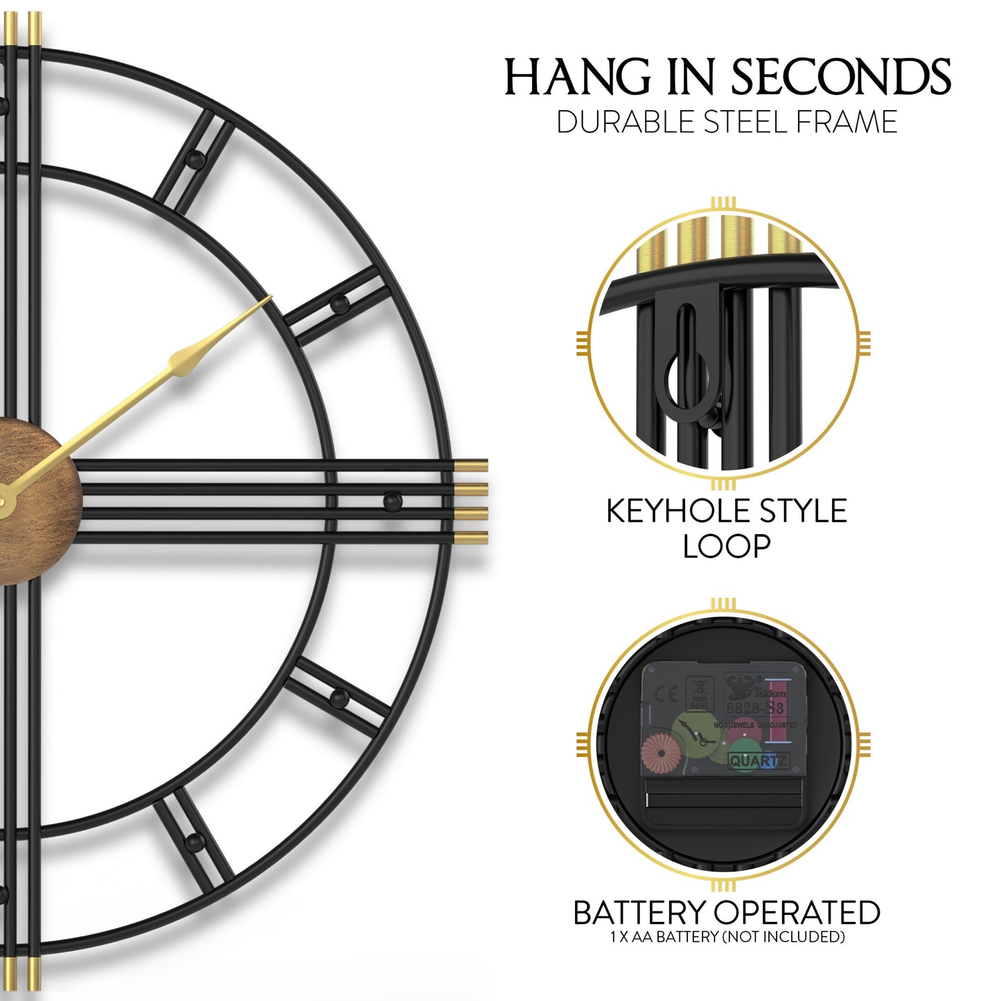 Room Tide, Large Wall Clock, Silent Wall Clocks for Living Room Decor, Kitchen Clock, Modern Decorative Wall Clock, Black & Gold Wall Clock, 45cm