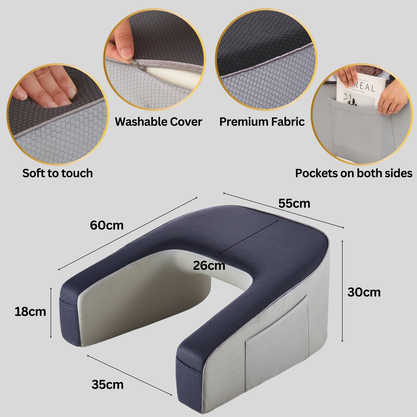 Lap desk pillow features including washable cover, pockets and size dimensions